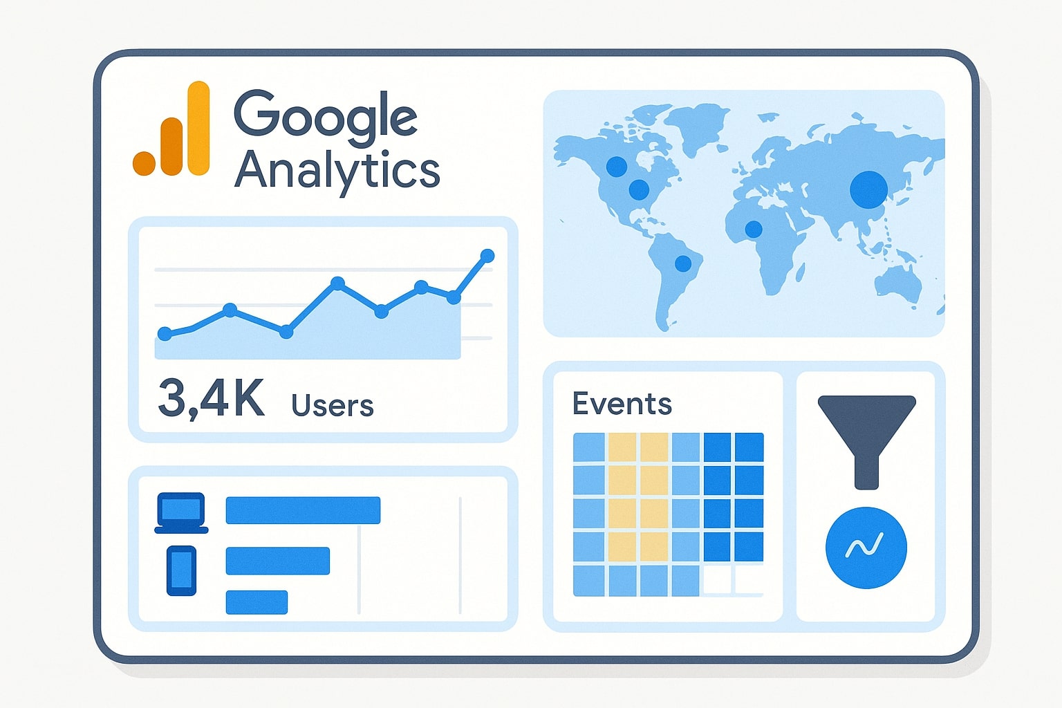 Exemplo de painel do Google Analytics 4 com métricas de tráfego.