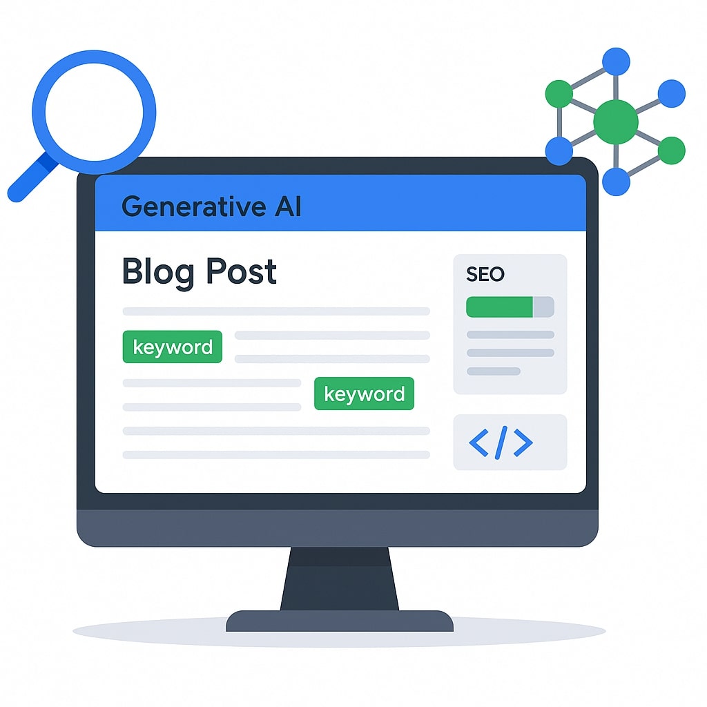 Painel de uma ferramenta de IA generativa criando um artigo de blog com métricas de SEO em destaque.