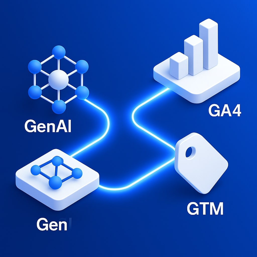 Ilustração isométrica mostrando a integração entre GenAI, Google Analytics e Google Tag Manager com fluxos de dados.