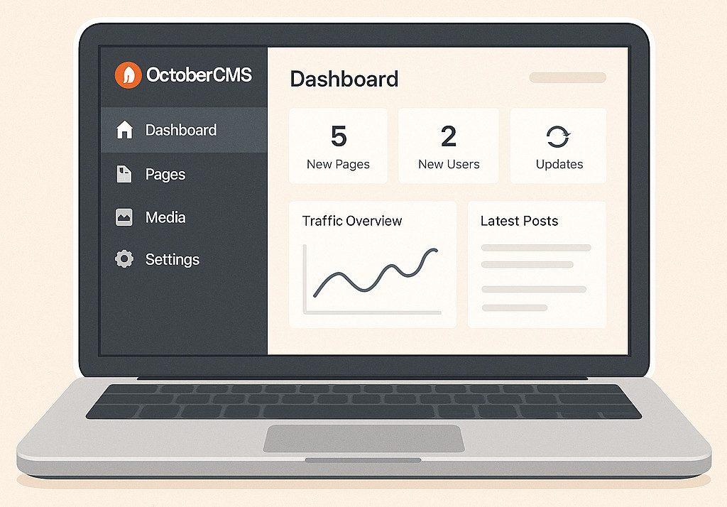 Mockup ilustrado do painel administrativo do OctoberCMS