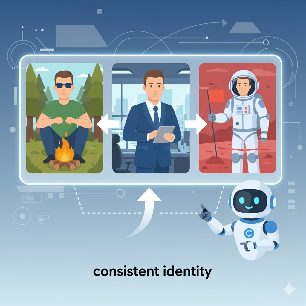 Mockup ilustrativo mostrando três variações de um mesmo personagem em diferentes poses e cenários, demonstrando a consistência da identidade.