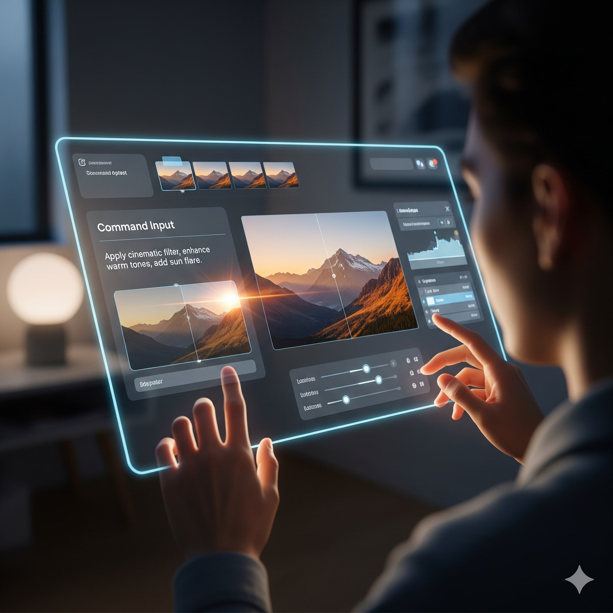 Mockup ilustrativo de uma interface de edição de imagem com uma caixa de texto para comandos e a imagem sendo alterada em tempo real.