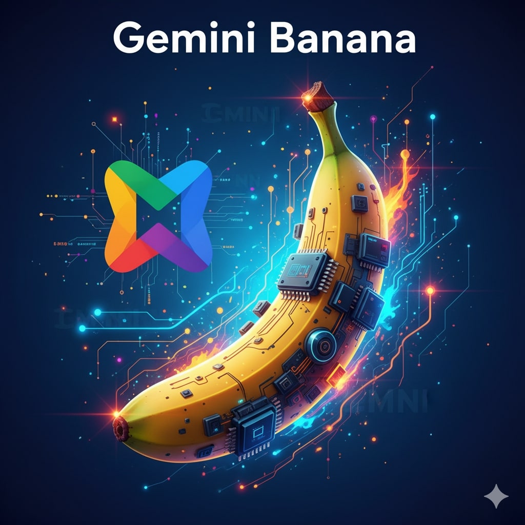 Ilustração de um assistente de IA criando imagens digitais com o logo do Google Gemini e elementos de um banana estilizado.