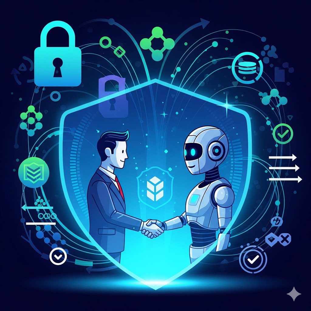 Mockup ilustrativo de um escudo digital com o logo do Google Gemini e símbolos de segurança, representando as proteções éticas da IA.