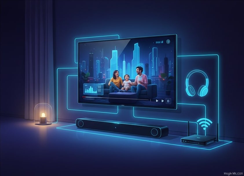 Sala de estar com Smart TV e sistema de som inteligente