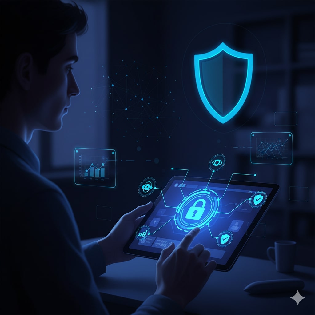 Pessoa interagindo com tablet, simbolizando controle de privacidade na casa inteligente