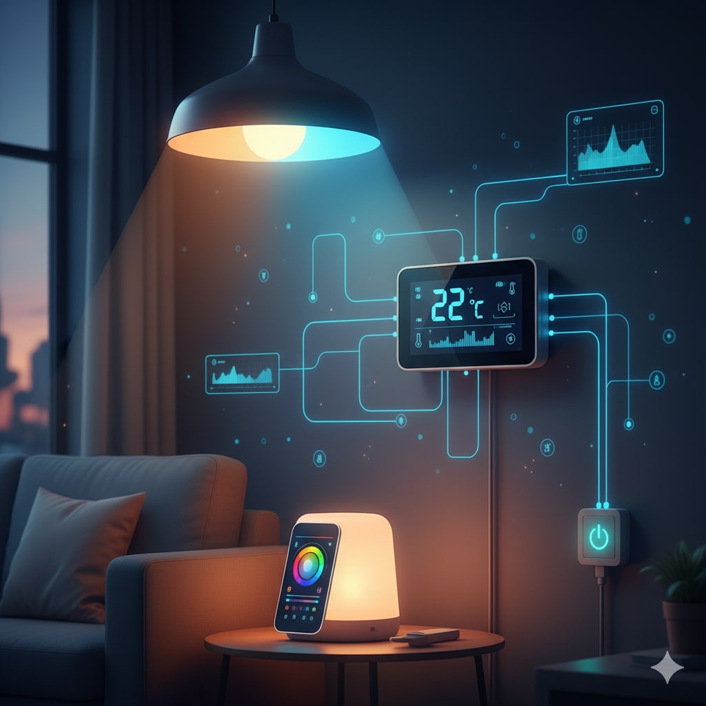 Termostato e lâmpadas inteligentes em uma casa moderna