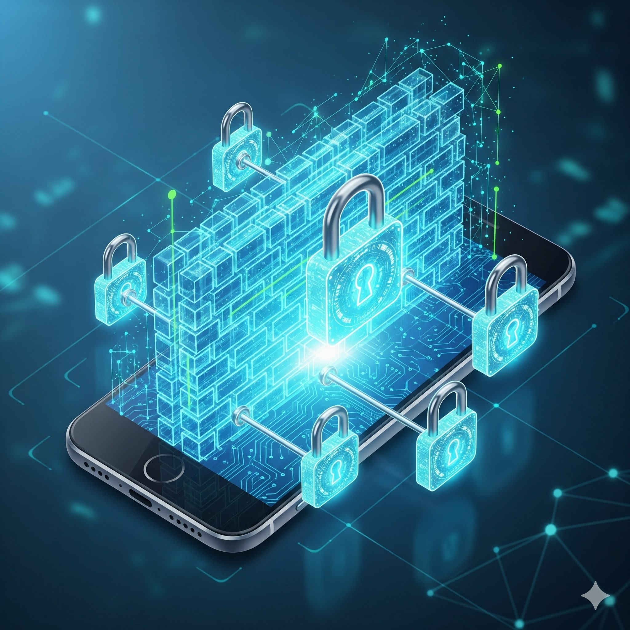 Ilustração de um celular sendo protegido por um firewall e cadeados digitais.