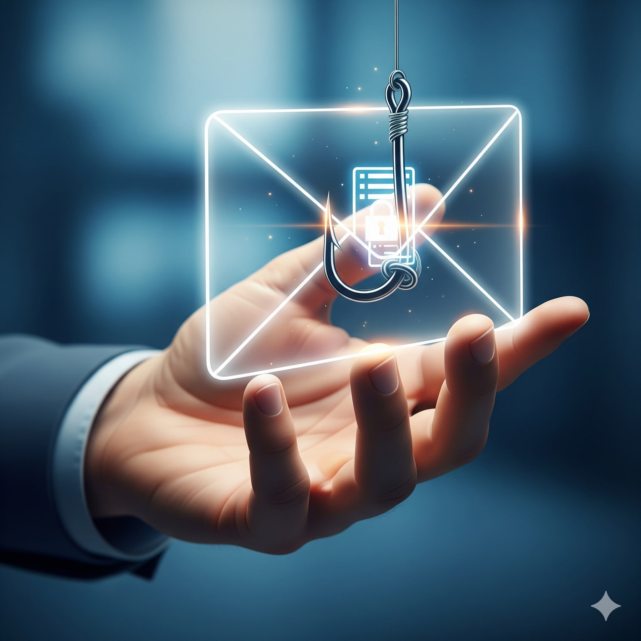 Ilustração de uma mão segurando um e-mail com um anzol de phishing.