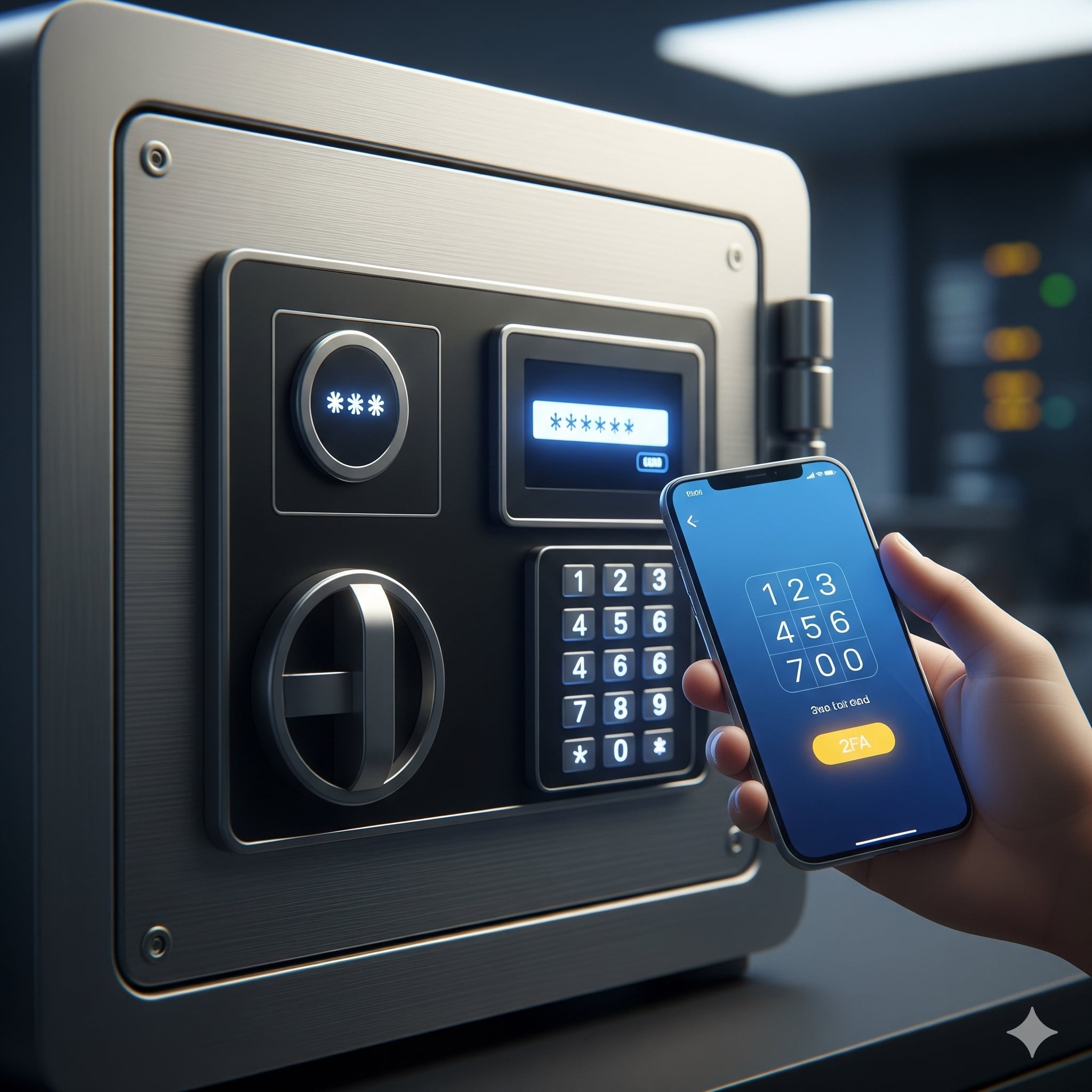 Ilustração de um cofre digital com senhas e um celular gerando um código 2FA.