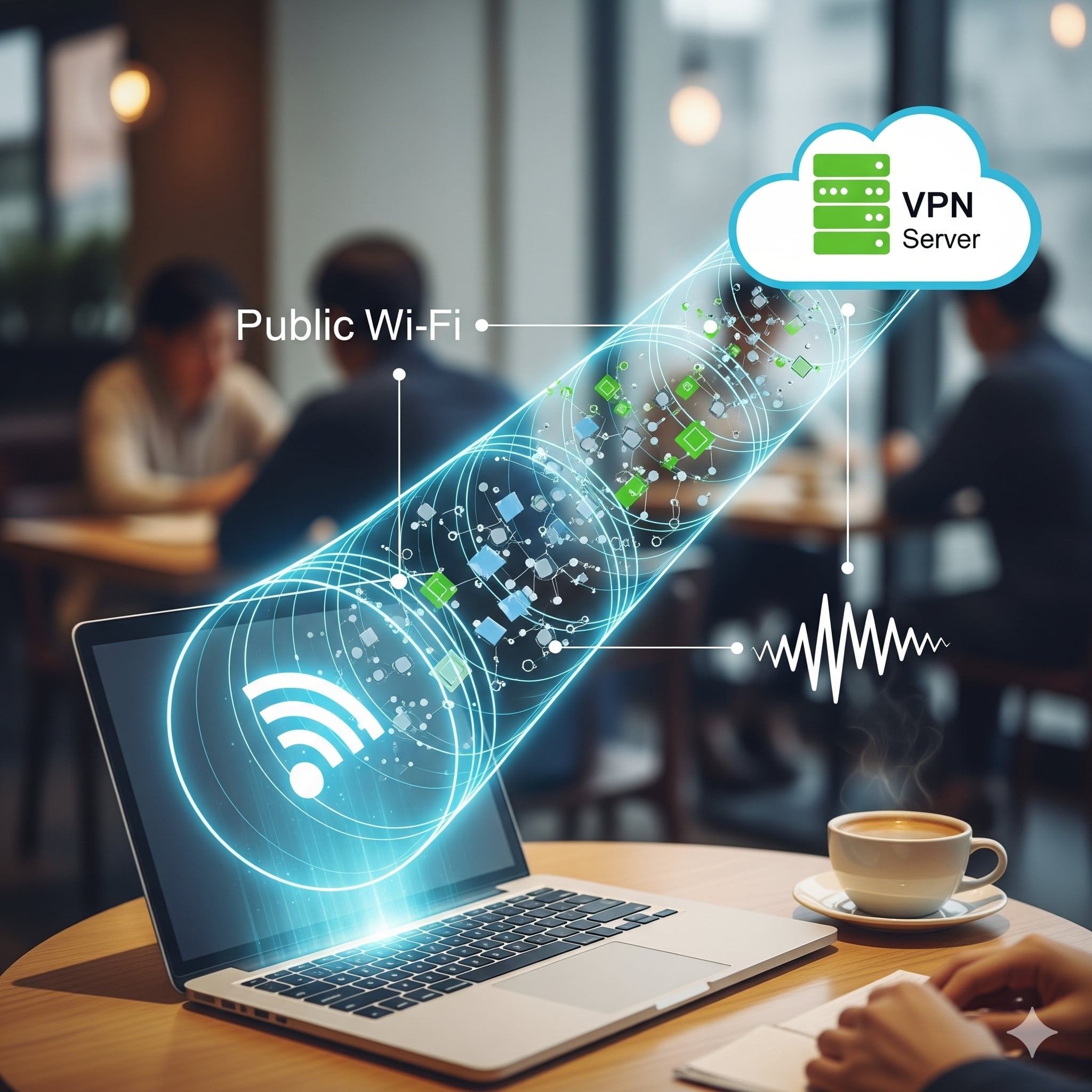 Ilustração de um túnel de VPN protegendo a conexão de um laptop em uma rede Wi-Fi pública.