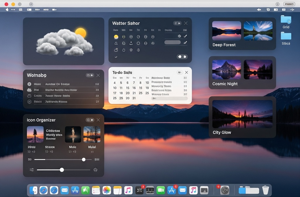 Tela de um Mac com o macOS Tahoe exibindo diversas opções de personalização, como widgets interativos, temas de desktop e novas opções de organização de ícones.