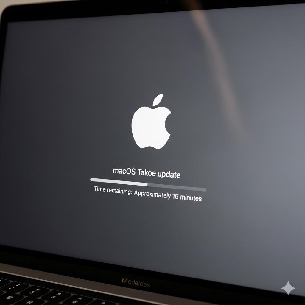 Tela de um Mac mostrando o processo de atualização do sistema operacional para o macOS Tahoe, com uma barra de progresso e a logo da Apple.
