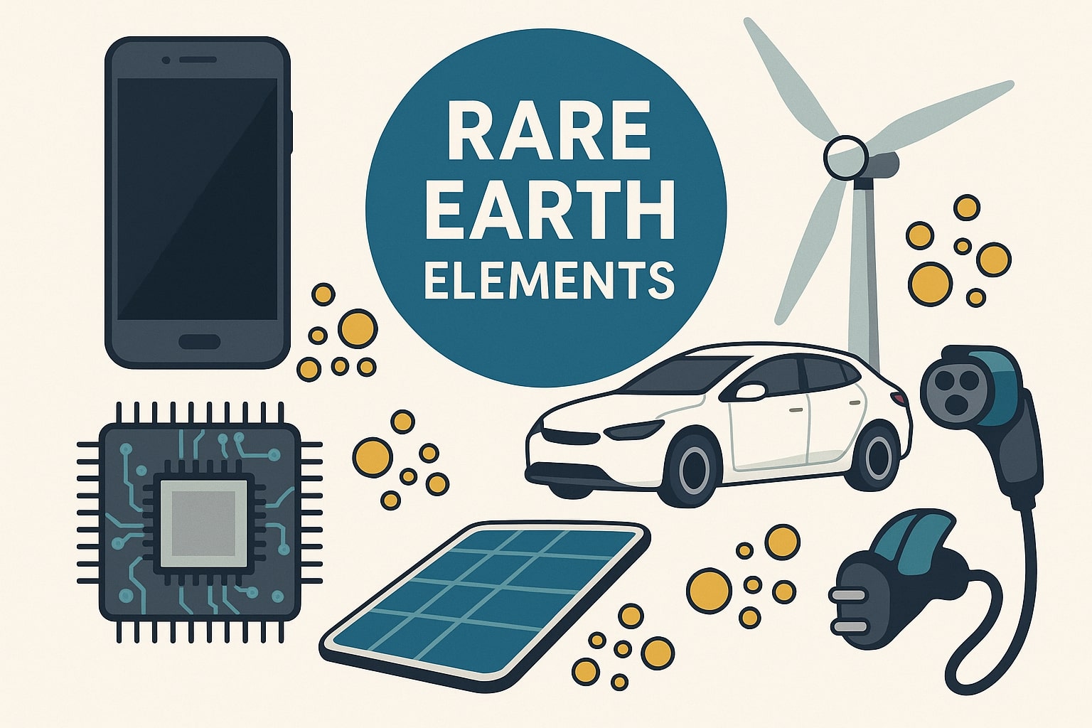 Peças de tecnologia (smartphone, turbina, carro elétrico) com destaque para terras raras