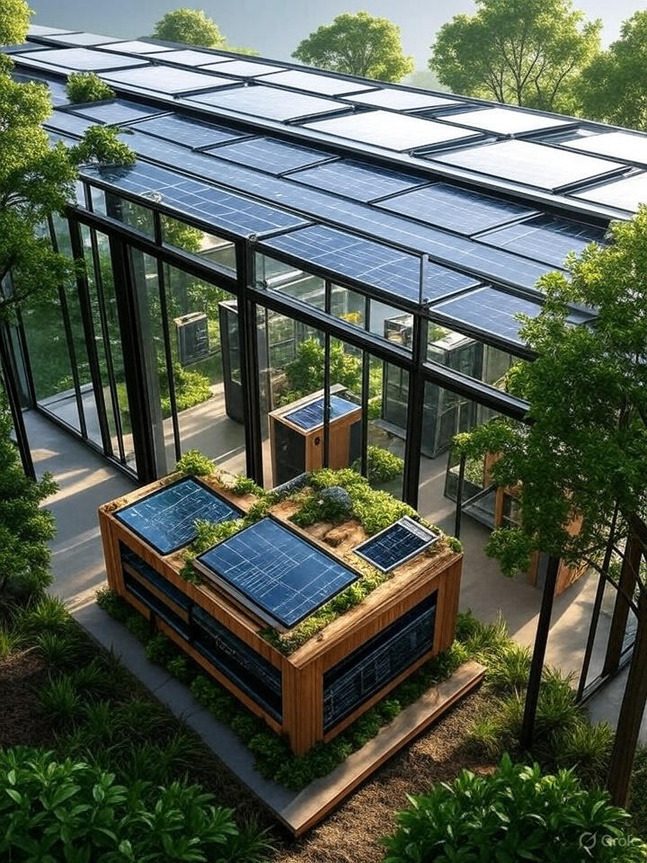 Data center futurista com painéis solares