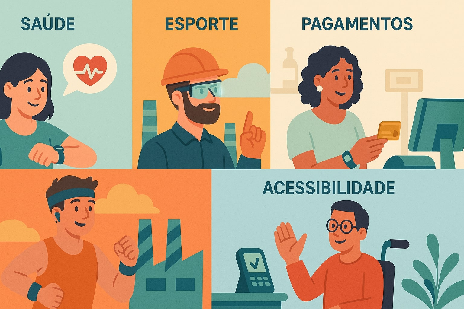 Ilustração: casos de uso em saúde, esporte, indústria, pagamentos e acessibilidade