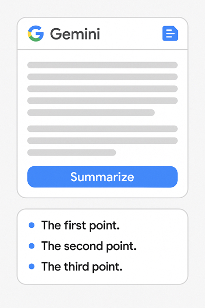 Interface simplificada mostrando o Gemini da Google resumindo um grande volume de texto em pontos-chave.