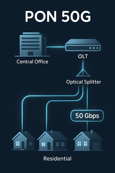 Diagrama mostrando arquitetura PON 50G e suas velocidades de conexão