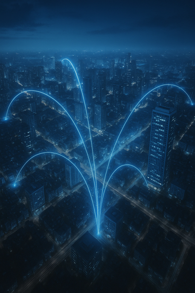 Cidade conectada por fibra óptica representando a Internet 10G