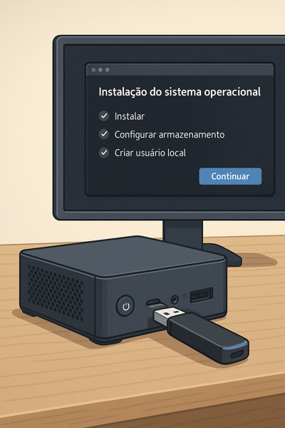 Processo de instalação do Zima OS a partir de um pendrive em um mini-PC doméstico
