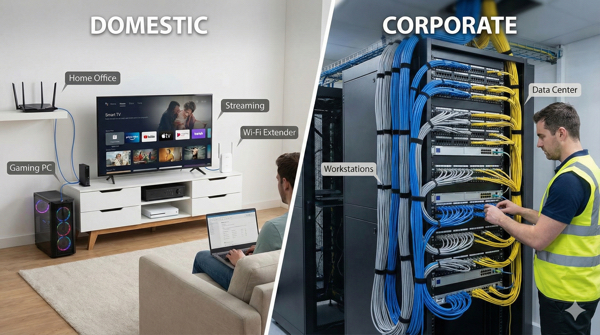 Várias aplicações de cabos de rede em ambientes domésticos e corporativos