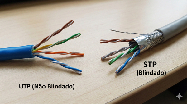 Representação visual comparando cabos blindados e não blindados