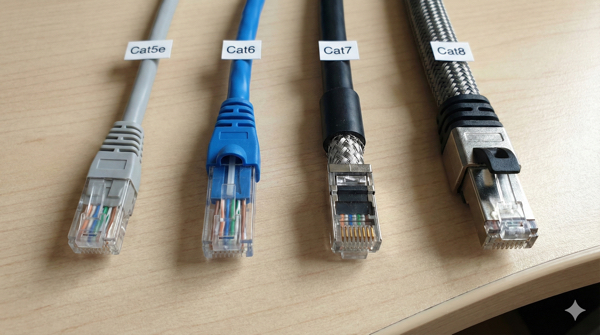 Comparação visual entre cabos Cat5e, Cat6, Cat7 e Cat8 colocados lado a lado