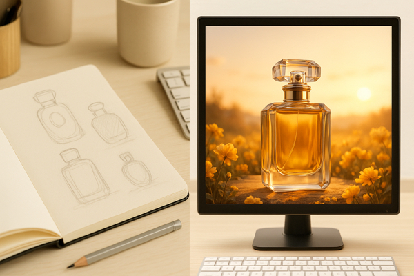 Uma mesa de trabalho criativa com esboços em papel de um lado e um monitor do outro mostrando uma imagem publicitária de um perfume de luxo gerada por IA.