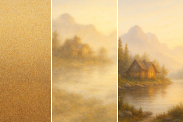 Três painéis mostrando o processo de geração de imagem: o primeiro é ruído estático, o segundo mostra formas vagas de uma paisagem, e o terceiro é uma foto realista e detalhada de uma cabana na montanha.