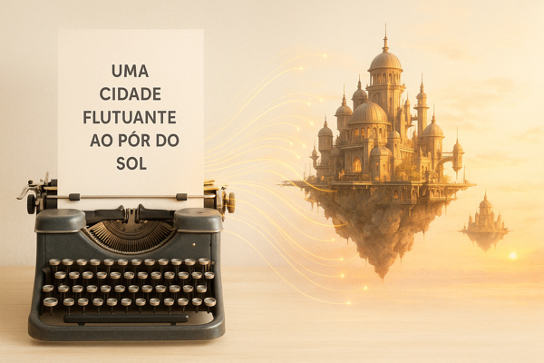 Conceito artístico mostrando palavras saindo de uma máquina de escrever antiga e se transformando em uma imagem digital realista de uma cidade flutuante.