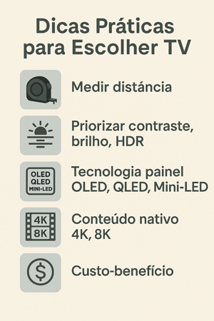 Checklist visual com passos para escolher a próxima TV