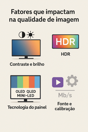 Ilustração dos principais fatores de qualidade de imagem: contraste, brilho, HDR e painel