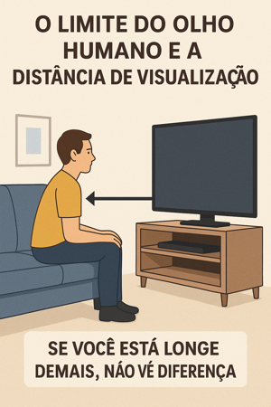 Esquema simples ilustrando a relação entre distância, tamanho de tela e percepção de detalhe