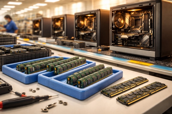 Linha de produção de computadores com componentes separados