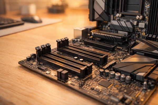 Computador moderno aberto mostrando placa-mãe sem memória RAM instalada