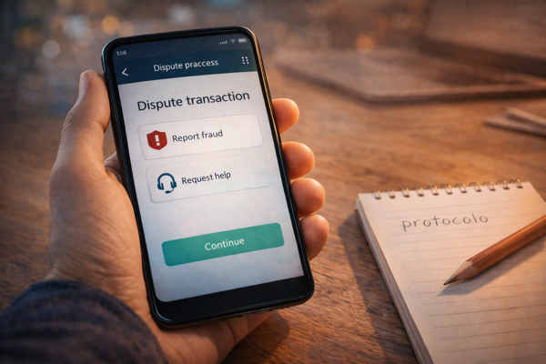 Tela ilustrativa de contestação de transação Pix no aplicativo do banco, com opções de ajuda e denúncia
