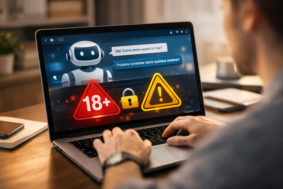 Interface de inteligência artificial com alerta de conteúdo adulto e segurança digital