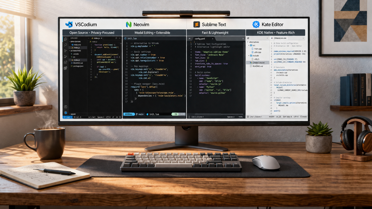 Comparação entre diferentes editores de código em uma tela widescreen