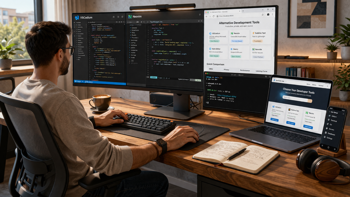 Ambiente moderno de programação com diferentes editores de código abertos na tela