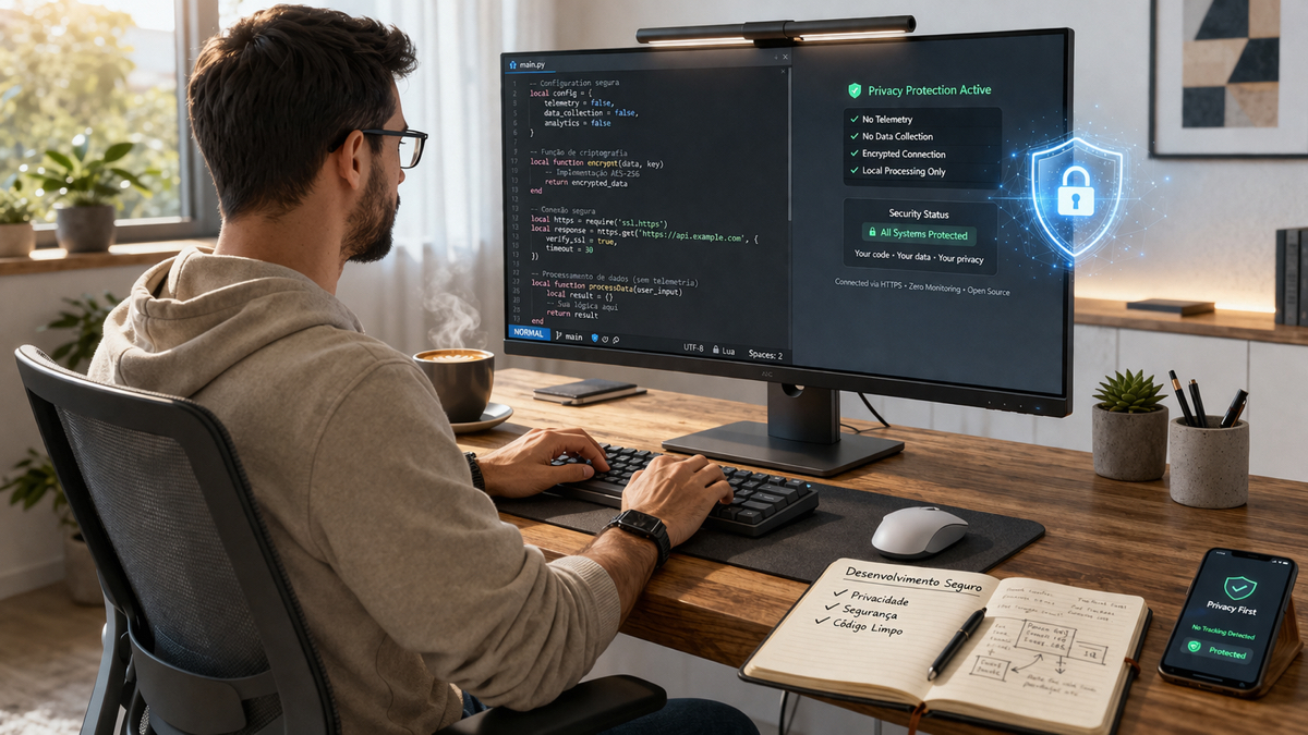 Programador utilizando editor de código com foco em privacidade e segurança