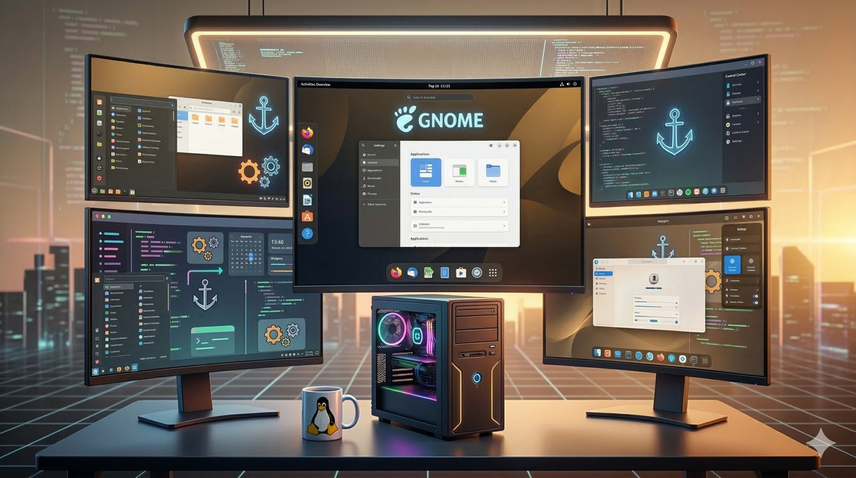 Ambientes gráficos de diferentes distribuições Linux exibidos lado a lado
