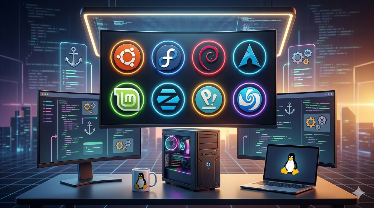 Logos das principais distribuições Linux em layout tecnológico com elementos neon