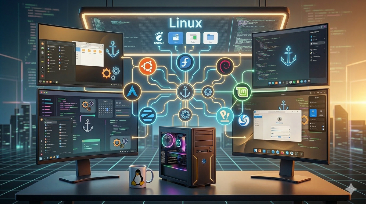 Ecossistema Linux representado por múltiplas distribuições conectadas