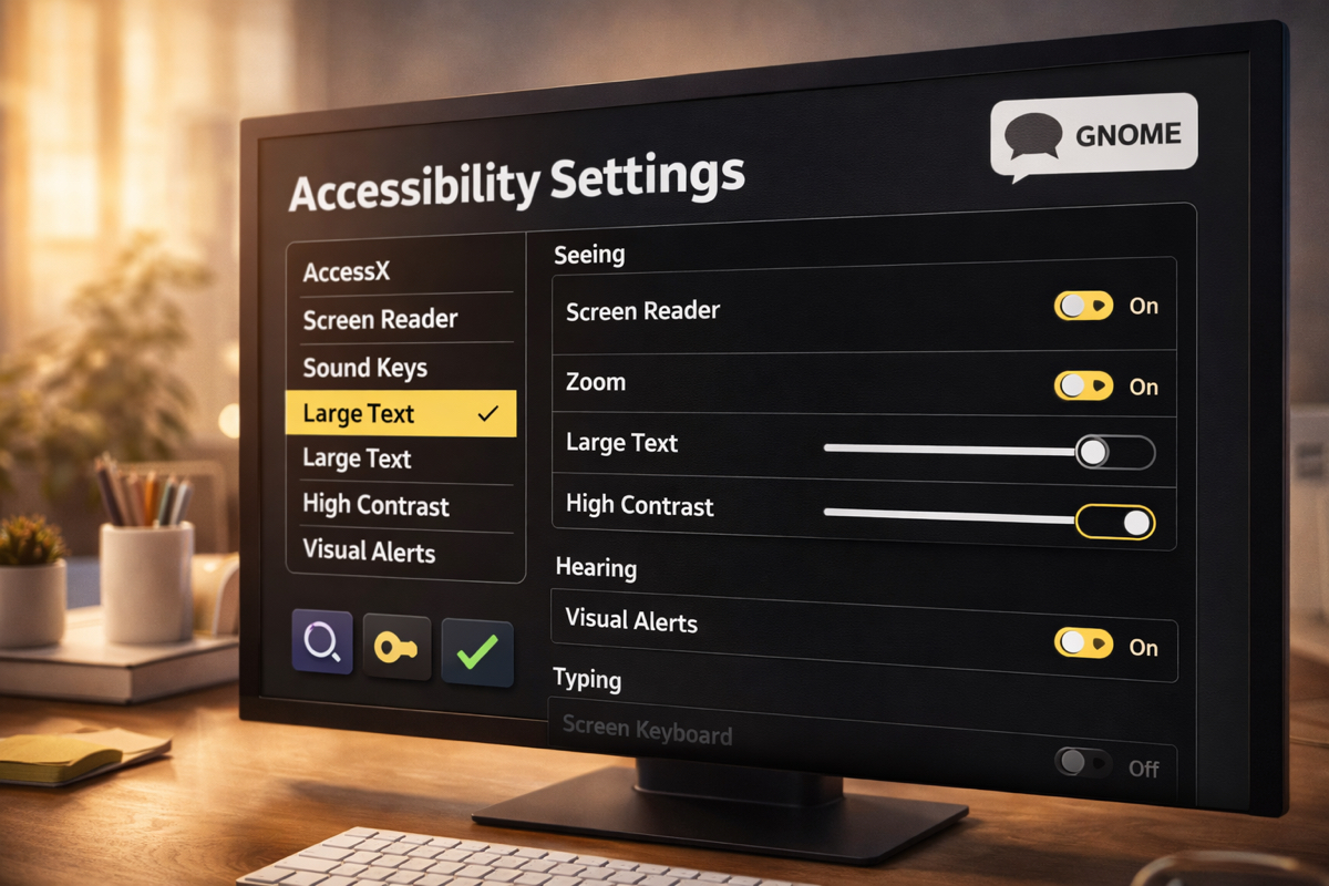 Configurações de acessibilidade no GNOME 50 com opções visuais e leitura de tela