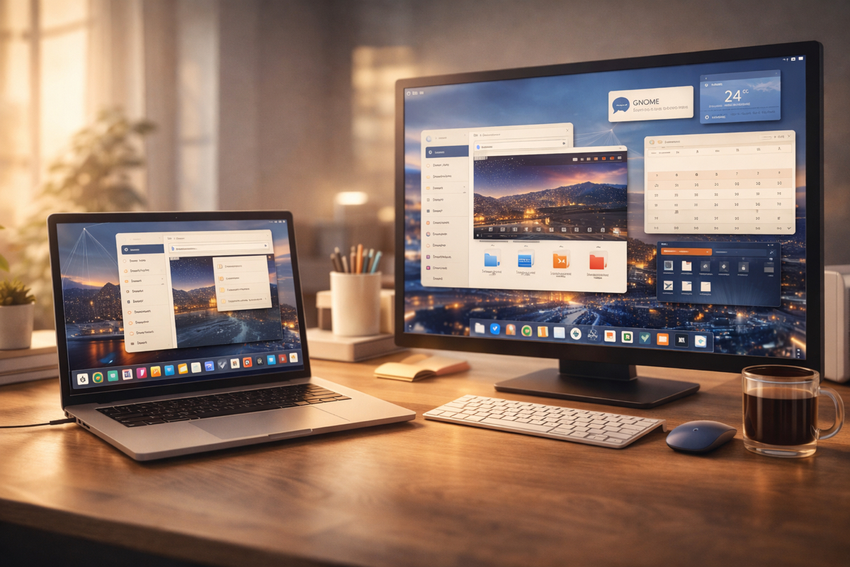 Interface moderna do GNOME 50 Tokyo em ambiente Linux com visual limpo e organizado