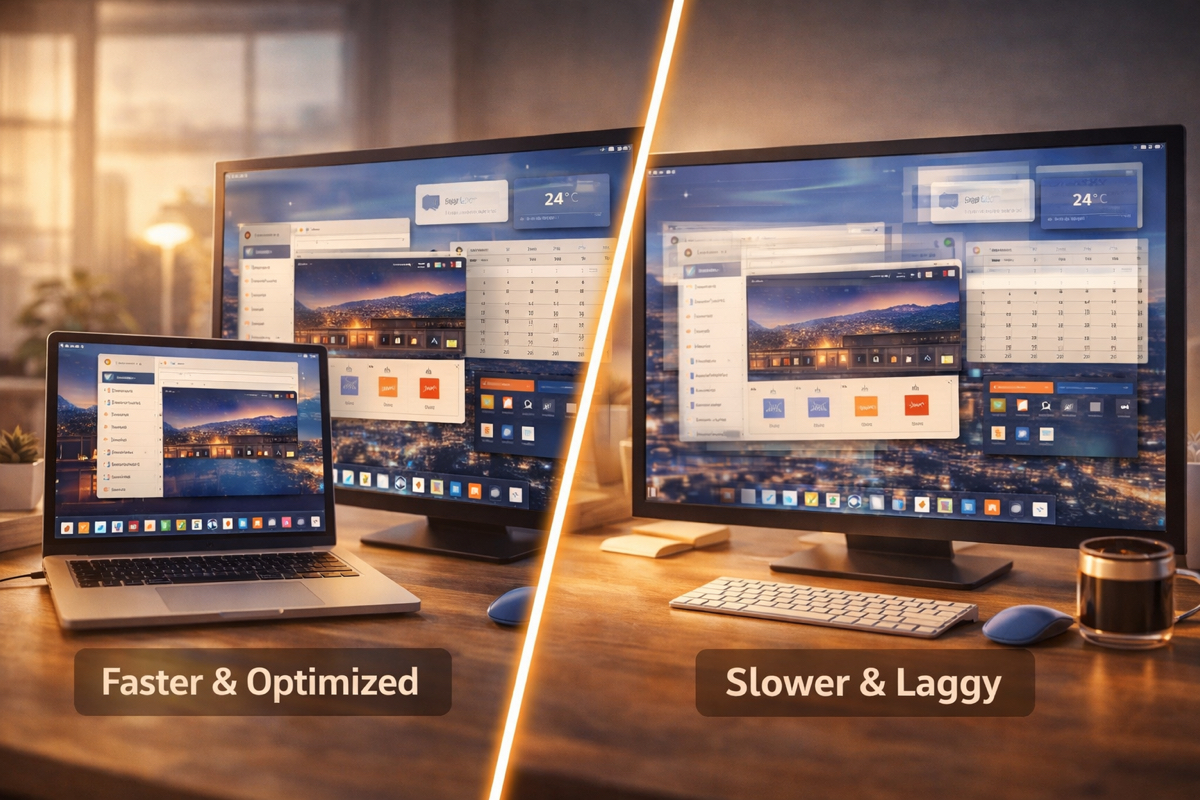 Comparação de desempenho do GNOME 50 mostrando sistema mais rápido e fluido