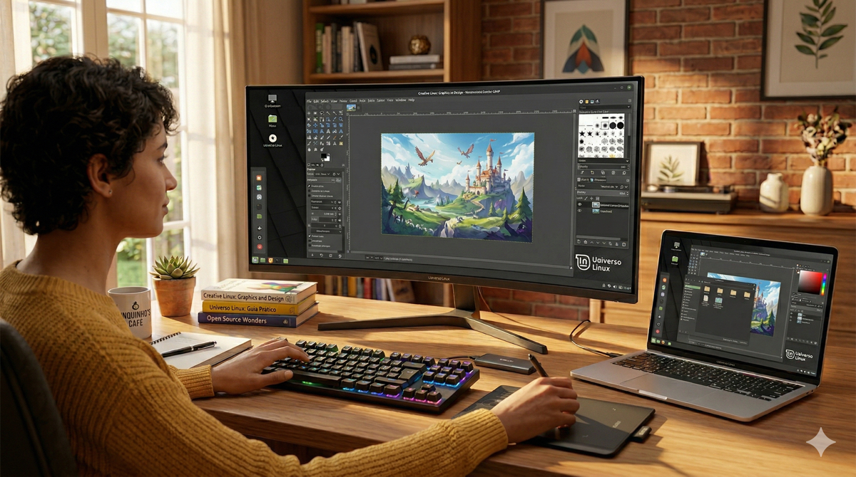 Usuário utilizando Linux para edição de imagens e criação de conteúdo em um desktop moderno e bem iluminado