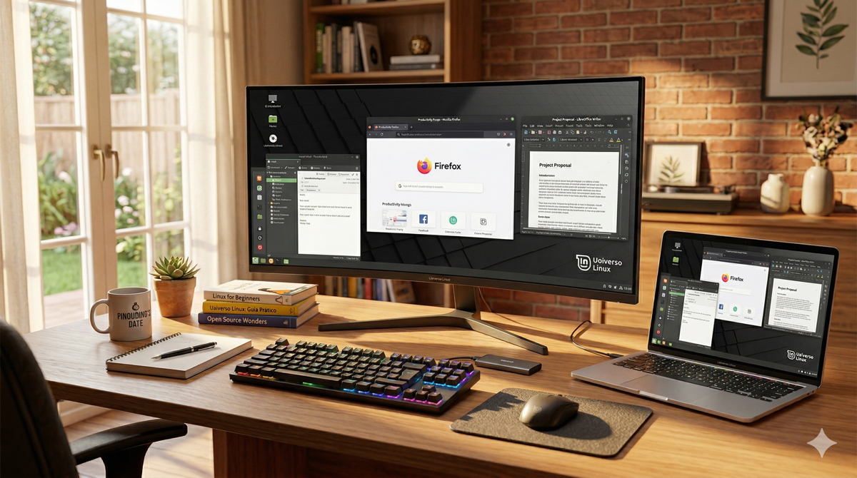 Desktop Linux com navegador, suíte de escritório e aplicativos comuns abertos em um ambiente claro e realista