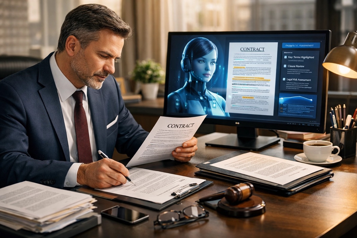 Advogado analisando documentos com apoio de inteligência artificial