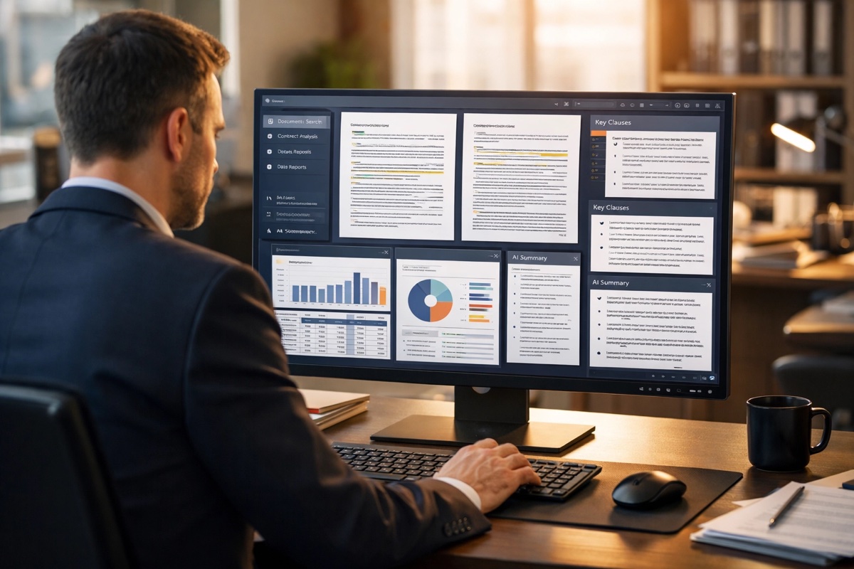 Profissional usando o NotebookLM para organizar documentos e analisar informações em uma interface moderna